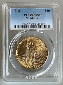 1908 $20 Saint Gaudens Gold Double Eagle NM PCGS MS65! 43340905