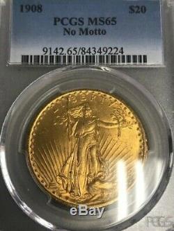 1908 $20 Saint Gaudens Gold Double Eagle No Motto MS65
