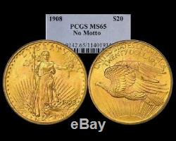 1908 $20 Saint Gaudens Gold Double Eagle No Motto PCGS MS 65