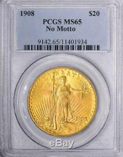 1908 $20 Saint Gaudens Gold Double Eagle No Motto PCGS MS 65