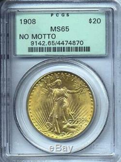 1908 $20 Saint Gaudens Gold Double Eagle No Motto PCGS MS 65 OGH