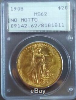 1908 $20 Saint-Gaudens Gold Double Eagle No Motto PCGS MS62 Rattler