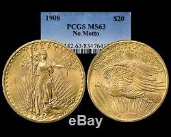 1908 $20 Saint Gaudens Gold Double Eagle No Motto Pcgs Ms 63