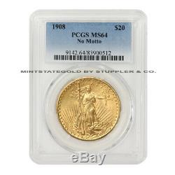 1908 $20 Saint Gaudens PCGS MS64 NM No Motto Gold Double Eagle Choice Graded