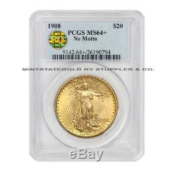 1908 $20 Saint Gaudens PCGS MS64+ No Motto PQ Approved Gold Double Eagle plus