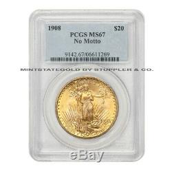 1908 $20 Saint Gaudens PCGS MS67 NM No Motto gem Gold Double Eagle coin