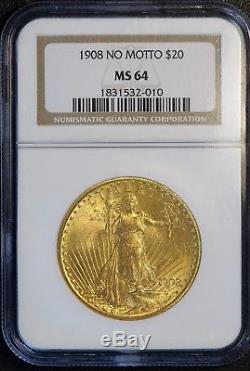 1908 $20 St Gaudens Double Eagle Gold Coin NO MOTTO NGC MS 64 MS64 UNCIRCULATED