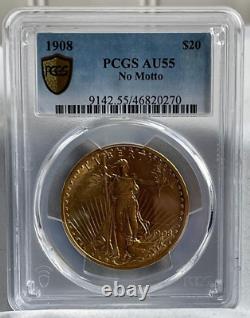 1908 $20 St. Gaudens Double Eagle Gold Coin PCGS AU55 NO MOTTO