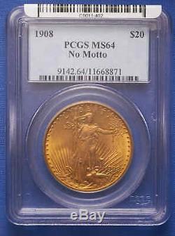 1908 $20 St. Gaudens Double Eagle Gold Coin PCGS MS 64 No Motto Old Blue Tag