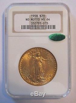 1908- $20 St. Gaudens Gold Double Eagle MS-64+ PCGS (No Motto) Near Gem