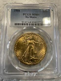 1908 $20 St. Gaudens Gold Double Eagle No Motto MS-64 PCGS CAC SKU#151718