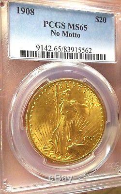 1908 $20 St. Gaudens Gold Double Eagle No Motto MS-65 PCGS