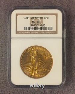 1908 $20 St. Gaudens Gold Double Eagle No Motto NGC MS 63