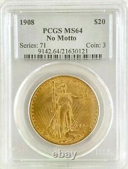 1908 $20 St. Gaudens Gold Double Eagle No Motto PCGS MS64
