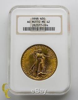1908 $20 St. Gaudens No Motto Double Eagle Graded by NGC as MS-62