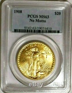 1908 BLAZING LUSTER RARE No Motto PCGS OGH MS63 $20 St. Gaudens Gold Double Eagle