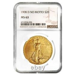 1908 D $20 Gold Saint Gaudens Double Eagle Coin No Motto NGC MS 63