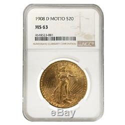 1908 D $20 Gold Saint Gaudens Double Eagle Motto NGC MS 63