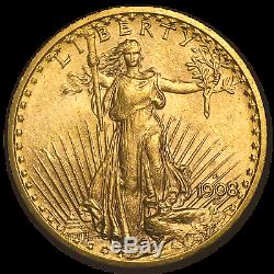 1908-D $20 Saint-Gaudens Gold Double Eagle No Motto AU SKU#7430
