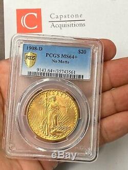 1908-D $20 Saint Gaudens Gold Double Eagle No Motto PCGS MS64+ (plus) Amazing