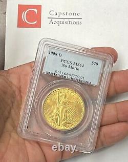 1908-D $20 Saint Gaudens Gold Double Eagle No Motto Pre 33 PCGS MS64 Blazing