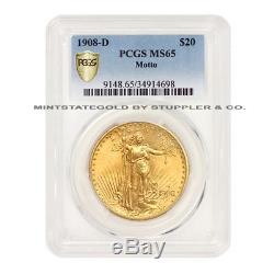1908-D $20 Saint Gaudens PCGS MS65 Motto Denver Gold Double Eagle Gem graded
