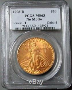 1908 D Gold Saint Gaudens $20 Double Eagle Coin Pcgs Mint State 63 No Motto