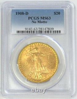 1908 D Nm Gold $20 St. Gaudens Double Eagle No Motto Pcgs Mint State 63