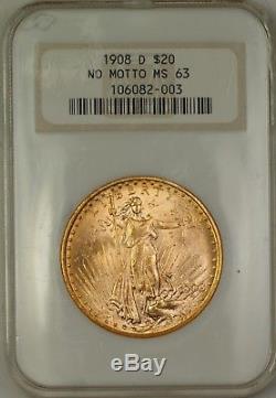 1908-D No Motto $20 St. Gaudens Double Eagle Gold Coin NGC MS-63