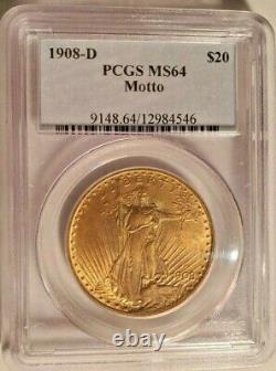 1908 D With Motto PCGS 64 Saint-Gaudens $20 Gold Double Eagle