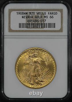1908 Double Eagle $20 Gold St. Gaudens N/M Wells Fargo Nevada Gold NGC MS-66