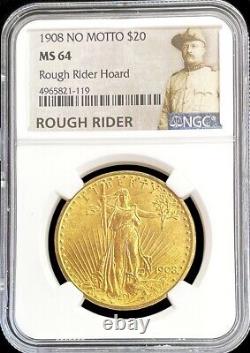 1908 Gold $20 Saint Gaudens Double Eagle No Motto Rough Riders Ngc Mint State 64