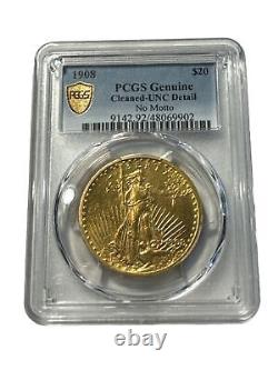 1908 Gold $20 Saint-Gaudens Double Eagle No Motto Uncirculated Detail Cleaned