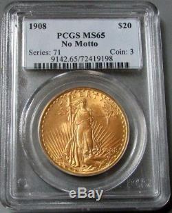 1908 Gold $20 St Gaudens No Motto Double Eagle Pcgs Mint State 65