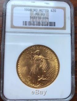 1908 Gold Double Eagle In Gem NCG MS63 Condition. St Gaudens $20 Piece