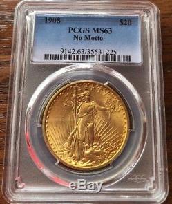 1908 Gold Double Eagle In Gem PCGS MS63 Condition. St Gaudens $20 Piece