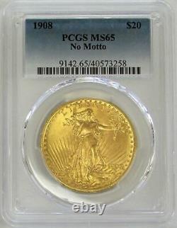 1908 Gold USA $20 St. Gaudens Double Eagle No Motto Coin Pcgs Mint State 65