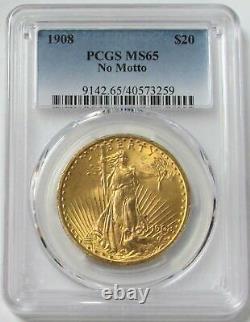 1908 Gold USA $20 St Gaudens Double Eagle No Motto Pcgs Mint State 65