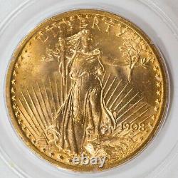 1908 Green holder No Motto PCGS MS63 $20 Gold Saint Gaudens Double Eagle