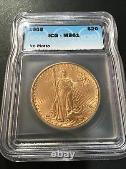 1908 Icg Ms61 $20 Gold St. Gaudens Double Eagle Us Coin No Motto Km# 127