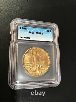 1908 Icg Ms61 $20 Gold St. Gaudens Double Eagle Us Coin No Motto Km# 127