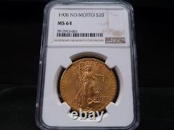 1908-MS64 No Motto St Gaudens Double Eagle NGC Certified Fantastic Coin