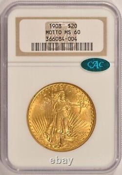 1908 Motto $20 Saint Gaudens Gold Double Eagle NGC MS60 CAC Approved Pre-33 Gold