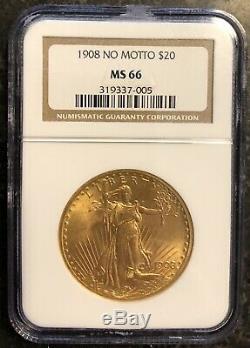 1908 Ms66 No Motto $20 Saint Gaudens Gold Double Eagle Ngc