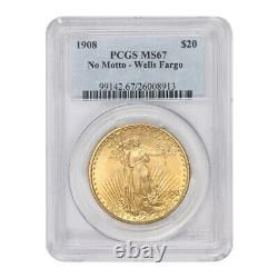 1908 NM $20 Gold Saint Gaudens PCGS MS67 No Motto Wells Fargo Double Eagle gem