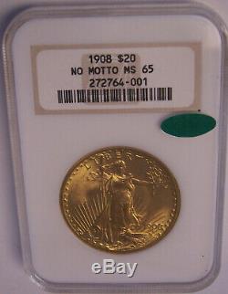 1908 NM $20 No Motto St Gaudens Gold Double Eagle NGC MS65 Old Fatty Holder CAC