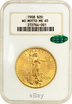 1908 NM $20 No Motto St Gaudens Gold Double Eagle NGC MS65 Old Fatty Holder CAC