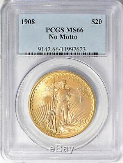 1908 NM $20 Philadelphia Gold GEM St Gaudens Double Eagle PCGS MS66