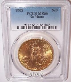 1908 NM $20 Philadelphia Gold GEM St Gaudens Double Eagle PCGS MS66