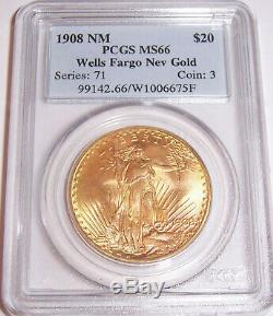 1908 NM $20 Philadelphia Wells Fargo Gold GEM St Gaudens Double Eagle PCGS MS66